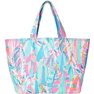 Lilly Pulitzer Large Palm Beach Canvas Tote Bag Out to Sea Pink Blue Sailboats